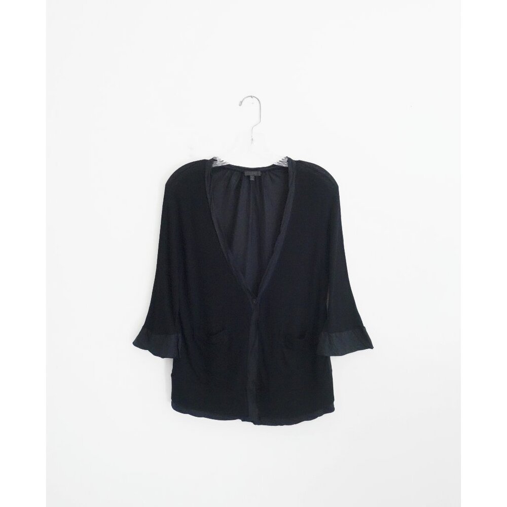 Clu Black Ribbed Rayon Crepe Silk Contrast Half Sleeve Cardigan Top sz XS